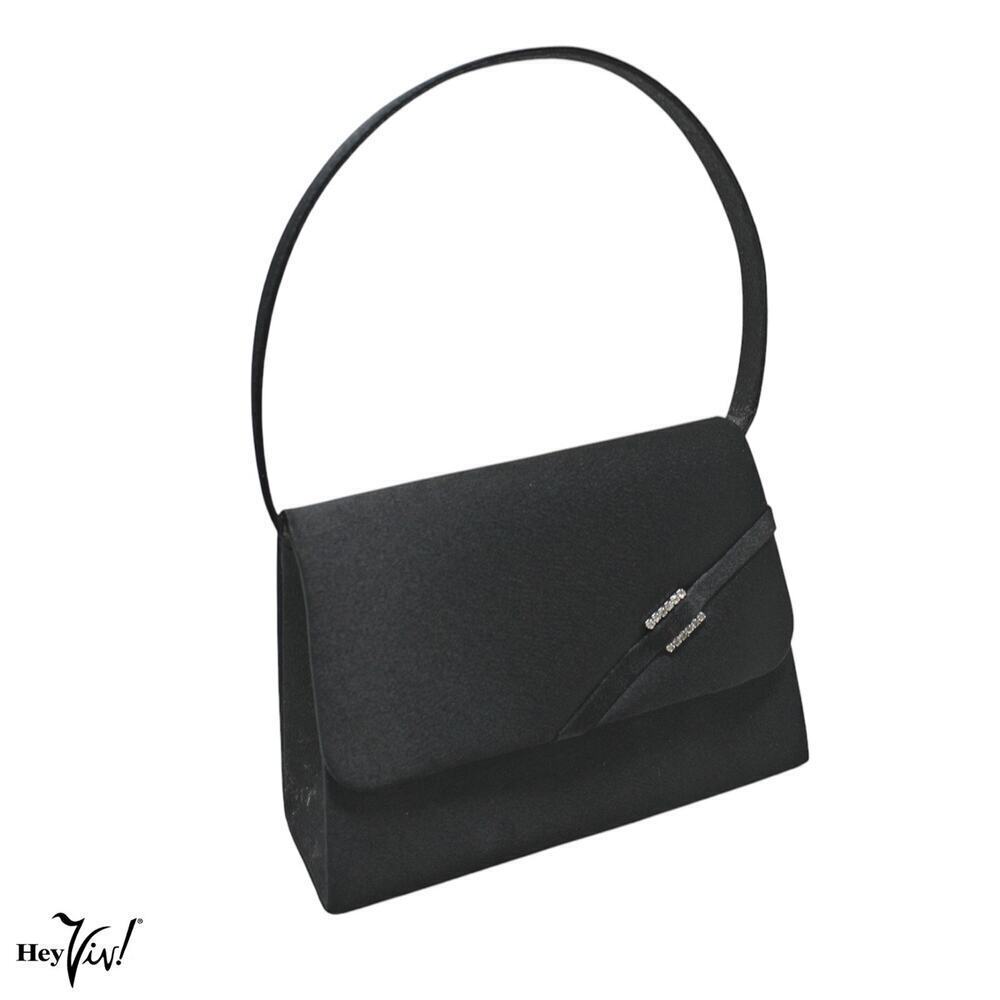 Vintage Evening Bag Black Satin Rhinestone Trim Handle & Shoulder Strap -Hey Viv
